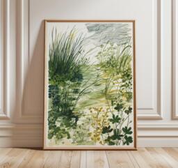 Botanical Meadow Art Print, Modern Nature Wall With Green Grass & Wild Plants, Minimalist Landscape Poster, Organic Home Decor - thumbnail 1