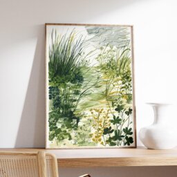Botanical Meadow Art Print, Modern Nature Wall With Green Grass & Wild Plants, Minimalist Landscape Poster, Organic Home Decor - thumbnail 2