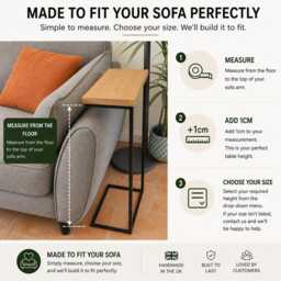 Sofa End Table Over Arm - Oak & Steel Side Handmade Couch Drink Holder Custom Size C - thumbnail 3