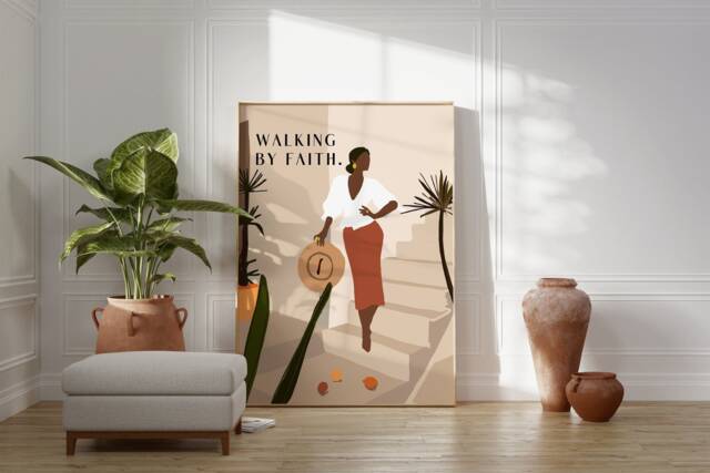 Walking By Faith Black Illustration Poster, Printed & Shipped, 2 Corinthians, Modern Scripture Bible Verse Prints, Christian Home Decor - image 1