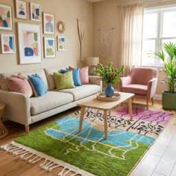 Abstract Landscape Moroccan Wool Rug, Colorful Boho Area Carpet, Hand-Knotted Berber Style - thumbnail 2