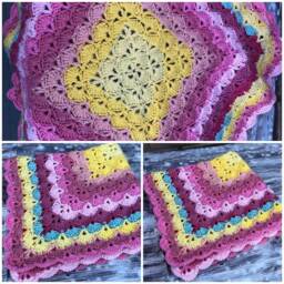 Crochet Shell Stitch Blanket, Pink , Blue & Yellow Baby Blanket Gift For New Born Shower Girl