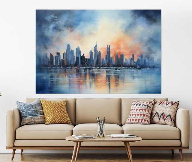 Misty Panama City Painting Printed On Canvas, Abstract Skyline, Canvas Print, Poster, Austin Wall Decor - image 1
