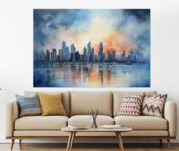 Misty Panama City Painting Printed On Canvas, Abstract Skyline, Canvas Print, Poster, Austin Wall Decor - thumbnail 1