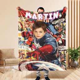 Custom Superhero Face Blanket, Personalized Comic Throw Gift - thumbnail 2