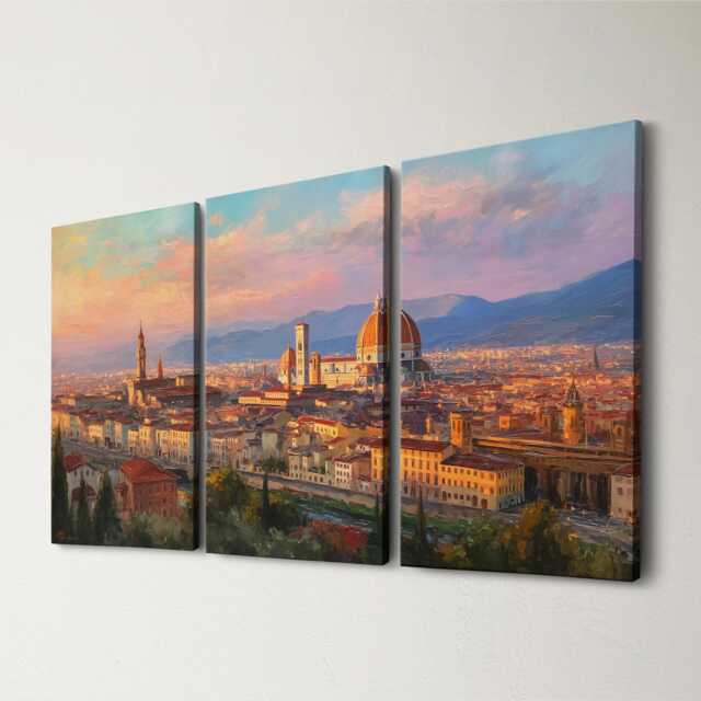 Florence Skyline 3 Panel Split Canvas Wall Art Italy Duomo At Sunset Oil Painting Framed Home Decor Italian Landmark Travel Gift - image 1