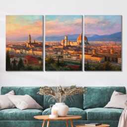 Florence Skyline 3 Panel Split Canvas Wall Art Italy Duomo At Sunset Oil Painting Framed Home Decor Italian Landmark Travel Gift - thumbnail 2