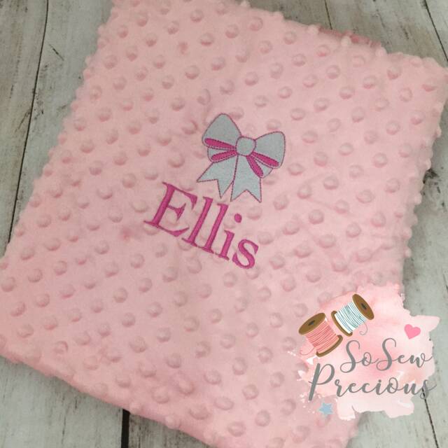 Personalised Baby Blanket, Embroidered, Bow Design, Pink, Minky Bubble Fabric Personalized Baby Gift - image 1