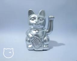 Chrome Effect Lucky Cat Hand Painted Maneki Neko - 7 Inch