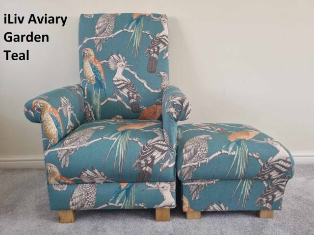 Handcrafted Aviary Birds Adult Armchair & Footstool Teal Nursery Accent Chair Jungle Pink Blue Green - image 1