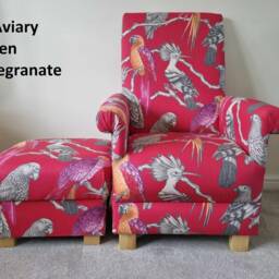 Handcrafted Aviary Birds Adult Armchair & Footstool Teal Nursery Accent Chair Jungle Pink Blue Green - thumbnail 3