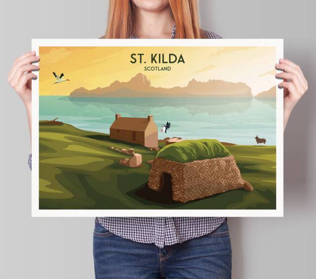 St. Kilda Print - Croft House Gannet Puffin Soay Sheep St Archipelago Travel Poster Hirta Dun - image 1