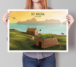 St. Kilda Print - Croft House Gannet Puffin Soay Sheep St Archipelago Travel Poster Hirta Dun - thumbnail 1