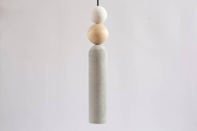 Concrete Tube Pendant Light With Wooden Spheres - image 1