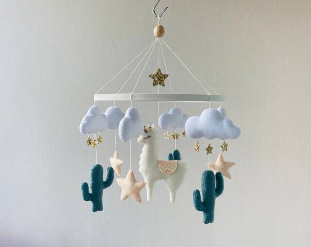 Llama Mobile, Nursery Alpaca, Baby Mobile Girl , Crib Felt Boho Nursery, Scandinavian Hanging Cacti Shower Gift - image 1