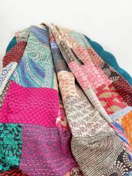 Kantha Stitch Patchwork Pure Cotton Reversible Bed Sofa Picnic Room Throw King Queen Dohar Floral Colourful Burst Bohemian Vibe Fun Joy - thumbnail 1