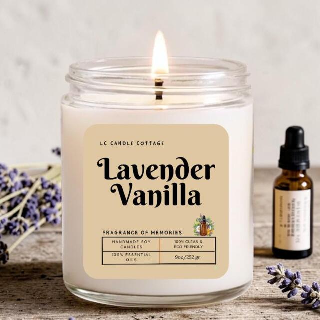 Lavender Vanilla Soy Candle - Handmade With Essential Oils Aromatherapy Home Decor - image 1