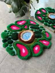 3D Pink Tropical Plant Rug - Jungle Inspired Handmade Tufted Carpet Botanical Fluffy Fiber Art - thumbnail 1