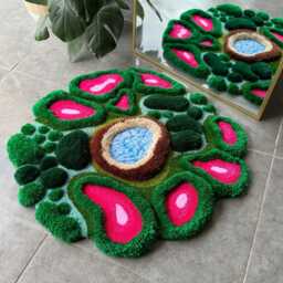 3D Pink Tropical Plant Rug - Jungle Inspired Handmade Tufted Carpet Botanical Fluffy Fiber Art - thumbnail 4