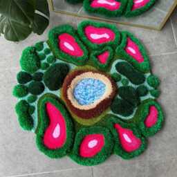 3D Pink Tropical Plant Rug - Jungle Inspired Handmade Tufted Carpet Botanical Fluffy Fiber Art - thumbnail 2