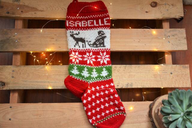 Hand Knitted Christmas Stocking, Home Decor, Personalized Christams Stocking With Deer & Santa - image 1