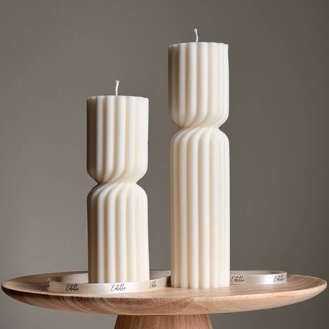 Set Of 2 Ribbed Hourglass Pillar Candle Set Sculptural Soy Wax Candles - image 1