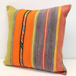 Handmade Turkish Kilim Pillow Cover 20x20, Vintage Wool Cushion - thumbnail 3