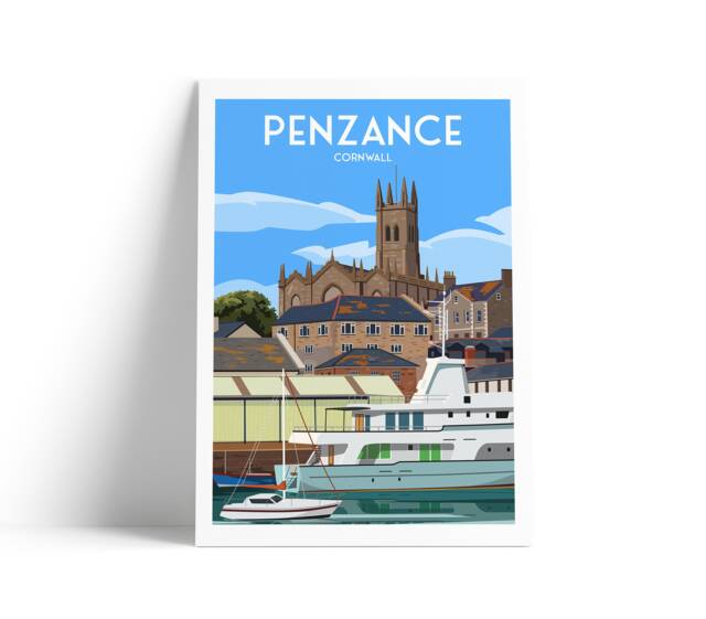 Penzance Travel Poster - St Mary's Church Yachts Cornwall England Wall Art Home Decor Artwork Wedding Gift - image 1