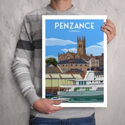 Penzance Travel Poster - St Mary's Church Yachts Cornwall England Wall Art Home Decor Artwork Wedding Gift - thumbnail 3