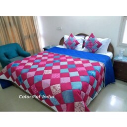 Handmade Indian Quilted Bedspread - Pink & Blue Patchwork Blanket - thumbnail 3