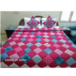 Handmade Indian Quilted Bedspread - Pink & Blue Patchwork Blanket - thumbnail 4