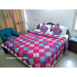 Handmade Indian Quilted Bedspread - Pink & Blue Patchwork Blanket - thumbnail 2