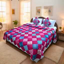 Handmade Indian Quilted Bedspread - Pink & Blue Patchwork Blanket - thumbnail 1