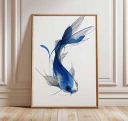 Blue Koi Fish Poster, Minimalist Japanese Wall Art, Elegant Aquatic Print For Modern Home Decor - thumbnail 1
