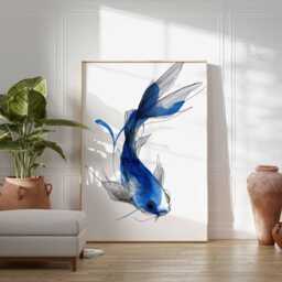 Blue Koi Fish Poster, Minimalist Japanese Wall Art, Elegant Aquatic Print For Modern Home Decor - thumbnail 3