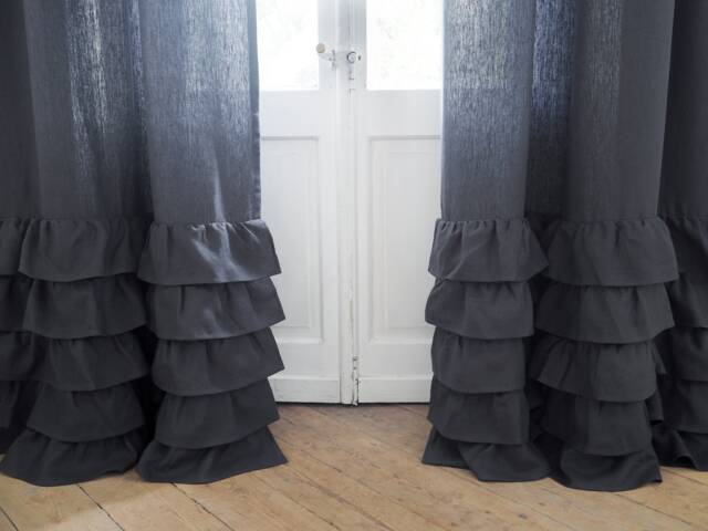 Charcoal Ruffled Heavy Linen Curtain Panel, Boho Drapes, Natural Window Treatments - image 1