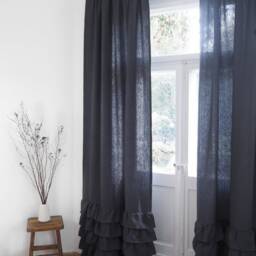 Charcoal Ruffled Heavy Linen Curtain Panel, Boho Drapes, Natural Window Treatments - thumbnail 3