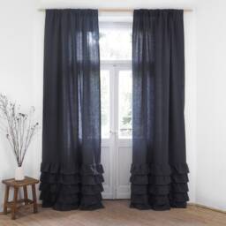 Charcoal Ruffled Heavy Linen Curtain Panel, Boho Drapes, Natural Window Treatments - thumbnail 2