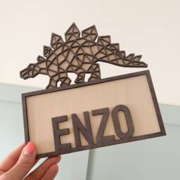 Dinosaur Name Sign, Dinosaur Door Bedroom Geometric Personalised Wood Wall, Hanging - thumbnail 1