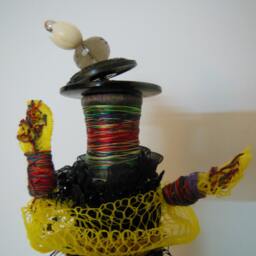 Benediction Wooden Spool With Vintage Buttons, Fabric & Altered Lamp Parts Assemblage - thumbnail 2