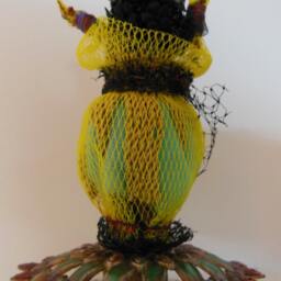 Benediction Wooden Spool With Vintage Buttons, Fabric & Altered Lamp Parts Assemblage - thumbnail 4