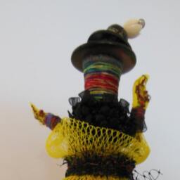 Benediction Wooden Spool With Vintage Buttons, Fabric & Altered Lamp Parts Assemblage - thumbnail 3
