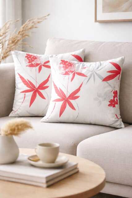 Off White Floral Cushion Cover - Red & Grey Petals - 18x18 - image 1