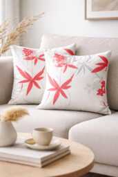 Off White Floral Cushion Cover - Red & Grey Petals - 18x18 - thumbnail 1