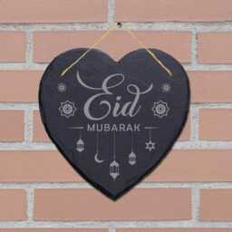 Eid Mubarak Engraved Wall Hanging Celebration Islamic Heart Home Slate Plaque Sign - thumbnail 2