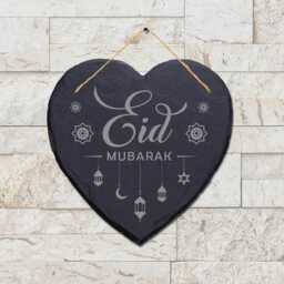 Eid Mubarak Engraved Wall Hanging Celebration Islamic Heart Home Slate Plaque Sign - thumbnail 1