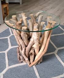 Handmade Driftwood Coffee Table With Glass Top - 40cm Tall, 50cm Diameter