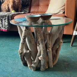 Handmade Driftwood Coffee Table With Glass Top - 40cm Tall, 50cm Diameter - thumbnail 2