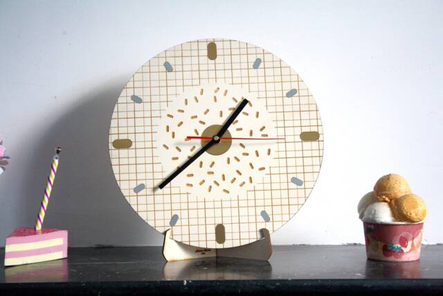 Wooden Geometric Clock, Memphis Design Style, Poplar Wood, Original Home Decor, Gold Silver Inlays, Round Shape 11 Inch - image 1