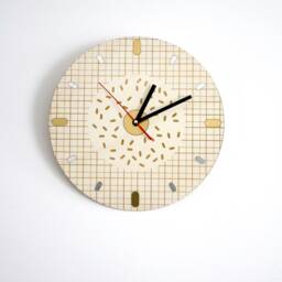 Wooden Geometric Clock, Memphis Design Style, Poplar Wood, Original Home Decor, Gold Silver Inlays, Round Shape 11 Inch - thumbnail 2